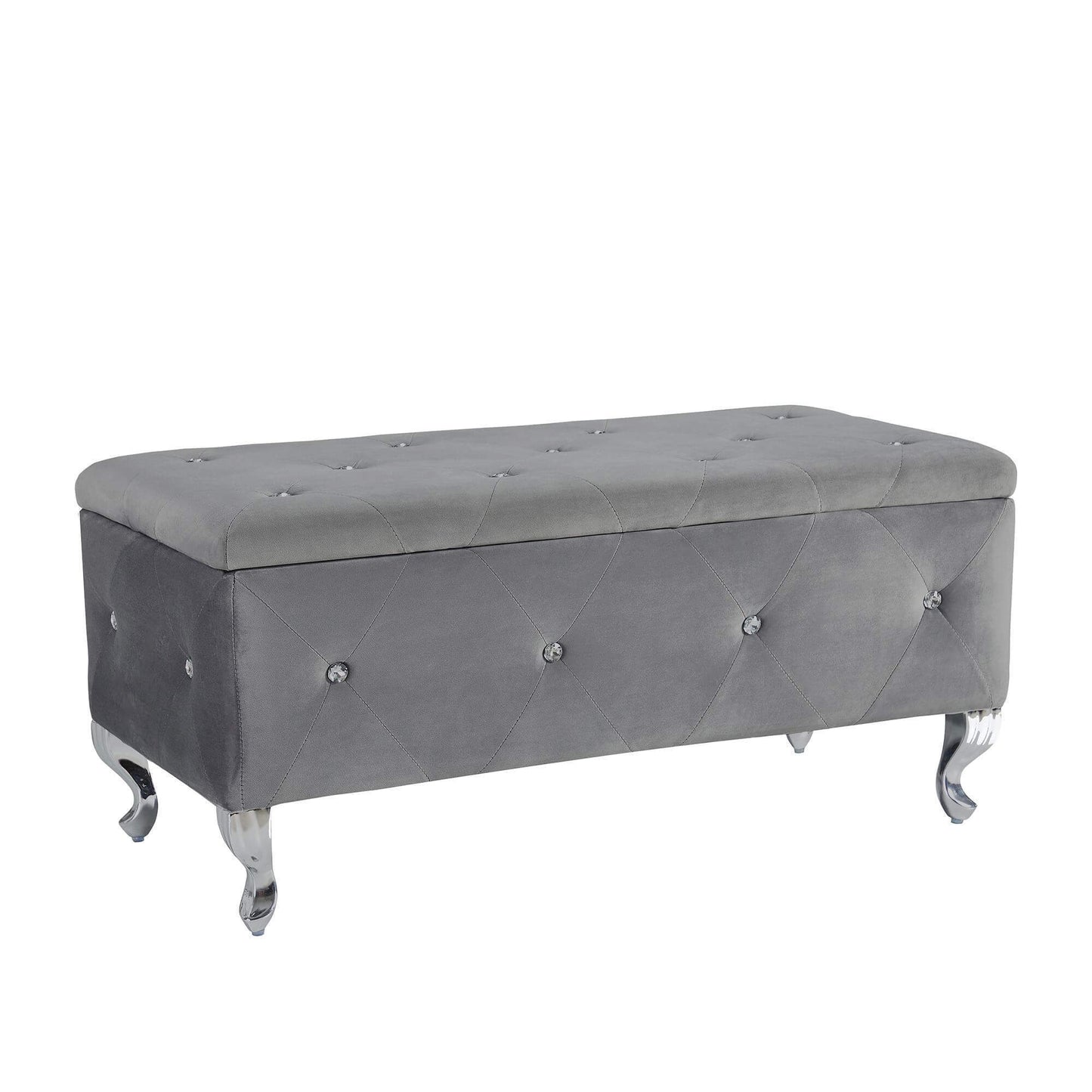 Tufted Storage Ottoman Bench for Bedroom End of Bed Large Upholstered Footrest with Crystal Buttons for Living Room Entryway Grey