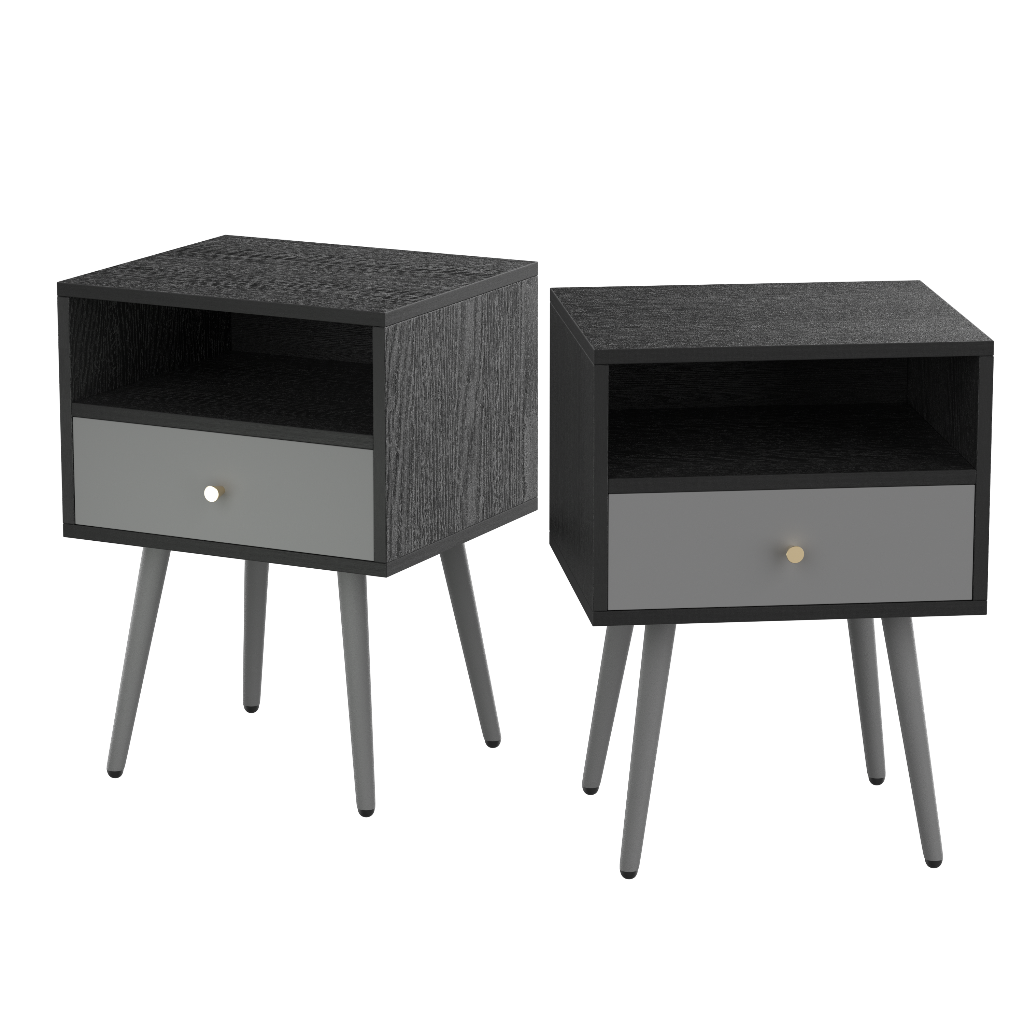 Modern Bedside Tables Set of 2 Nightstands with Storage Drawer Chic Simple Assembly End Tables for Bedroom Living Room Office Dark Grey