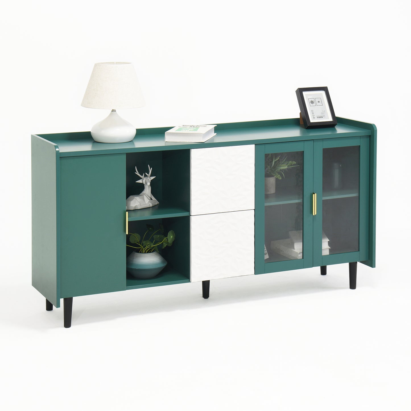 Modern 55 Coffee Bar Storage Cabinet with 2 Drawers and Glass Doors for Kitchen and Living Room Green