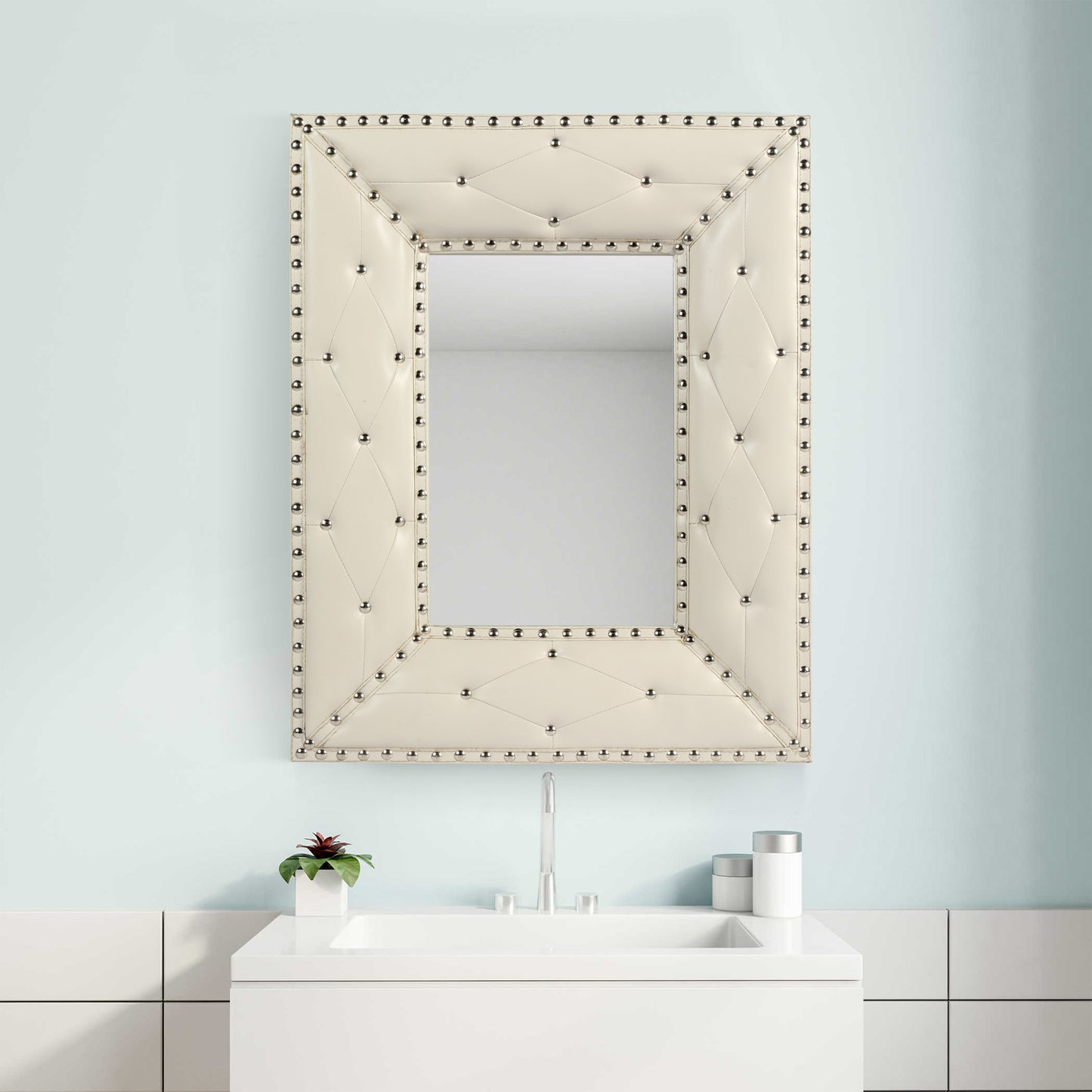 White Rectangle Decorative Wall Mirror PU Covered MDF Frame for Bedroom Living Room Vanity Entryway 21x26 Inch