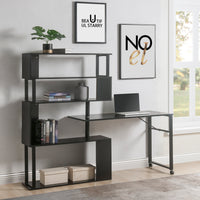 L-Shaped Corner Computer Desk with Rotating Table and 5-Tier Bookshelf, Lockable Casters, Four Installation Methods, Black