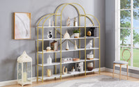 74.8 Inch 5 Tier Office Bookcase Bookshelf Display Shelf Round Top X Bar Gold Frame Modern Home Decor