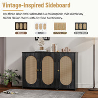 Retro 3-Door Accent Cabinet with Rattan Doors and Metal Handles for Living Room and Hallway Antique Black