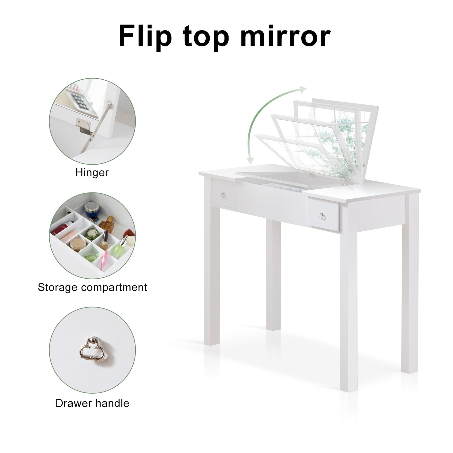 Accent White Vanity Table with Flip-Top Mirror and 2 Drawers for Jewelry Storage and Makeup Organization