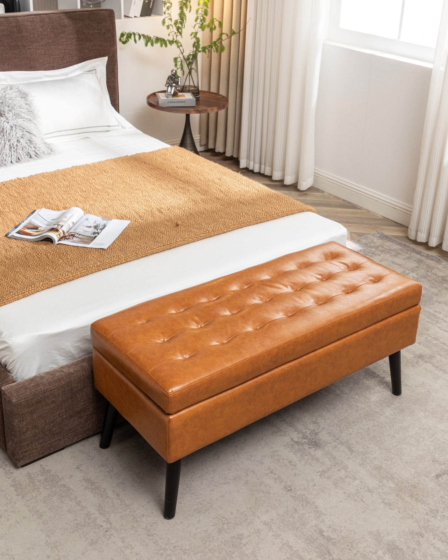 Brown Leather Storage Bench for Bedroom Entryway 43.3" Stylish Ottoman at Foot of Bed