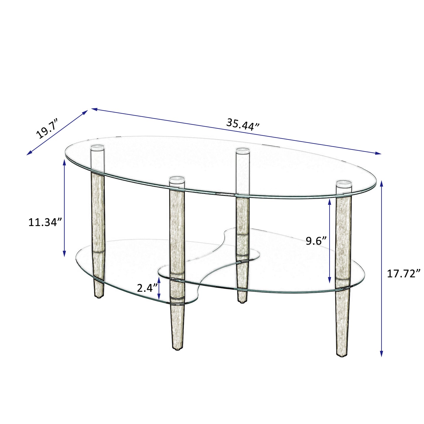 Transparent Oval Glass Coffee Table Modern Design Oak Wood Legs 3-Layer Living Room Tea Table