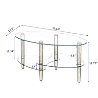 Transparent Oval Glass Coffee Table Modern Design Oak Wood Legs 3-Layer Living Room Tea Table