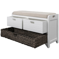 Storage Bench with Removable Cushion and 2 Drawers, Fully Assembled Shoe Organizer with Removable Basket, White