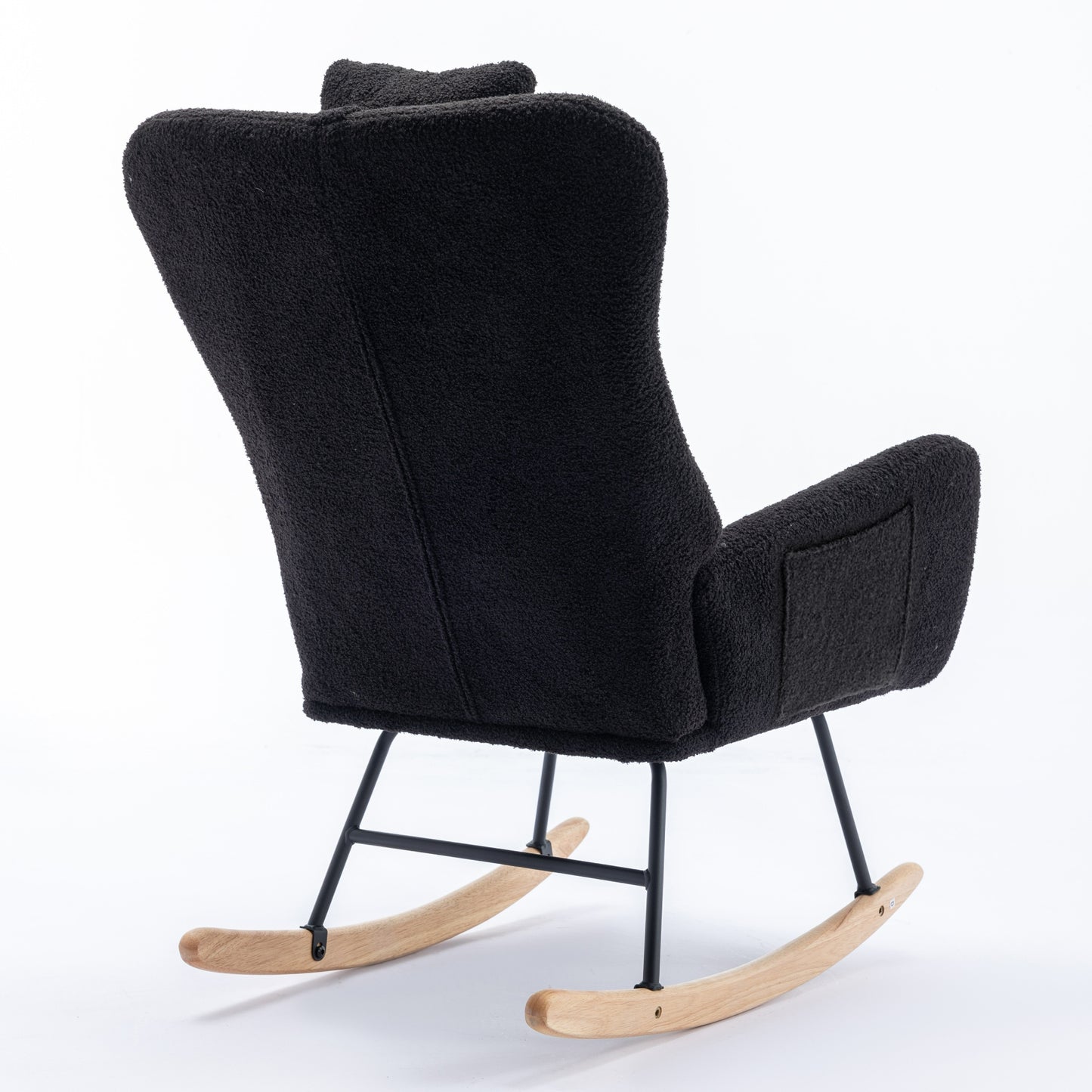 Black 35.5 Inch Soft Teddy Fabric Wingback Rocking Chair with Pocket Solid Wood Base for Nursery Living Room Bedroom