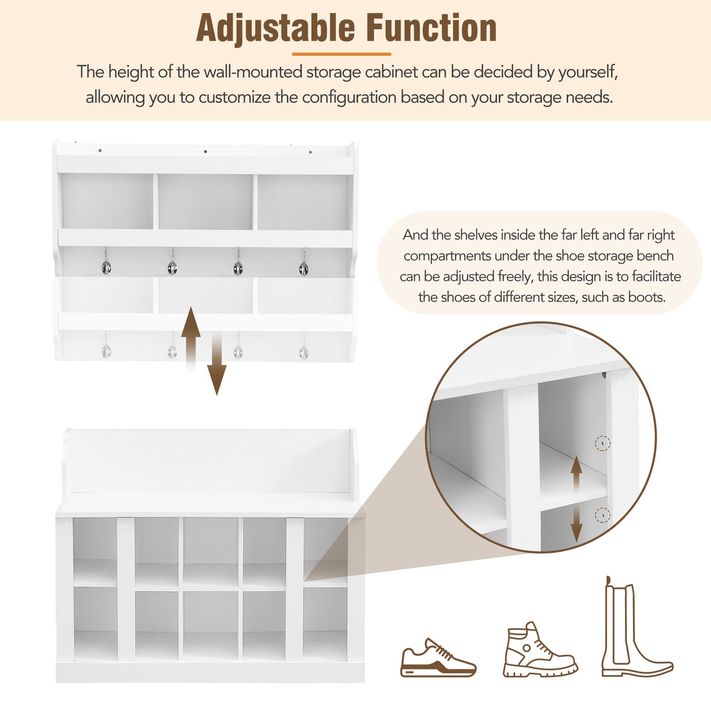 Shoe Storage Bench with Shelves and Hooks Elegant Hall Tree Entryway Organizer for Hallway Foyer Mudroom White