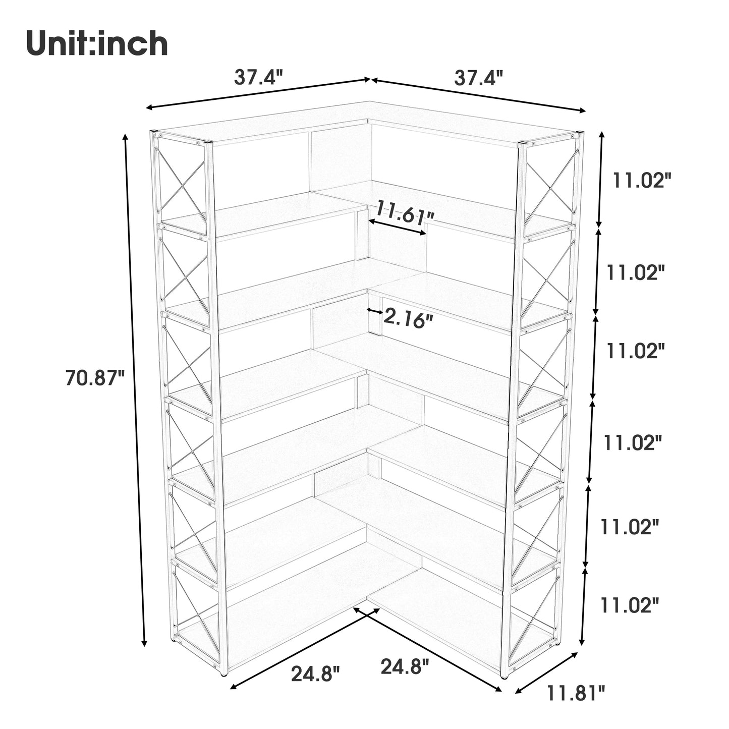 L-Shaped 7-Tier Corner Bookcase Industrial Style Metal Frame Open Storage Shelf MDF Board Home Office Furniture