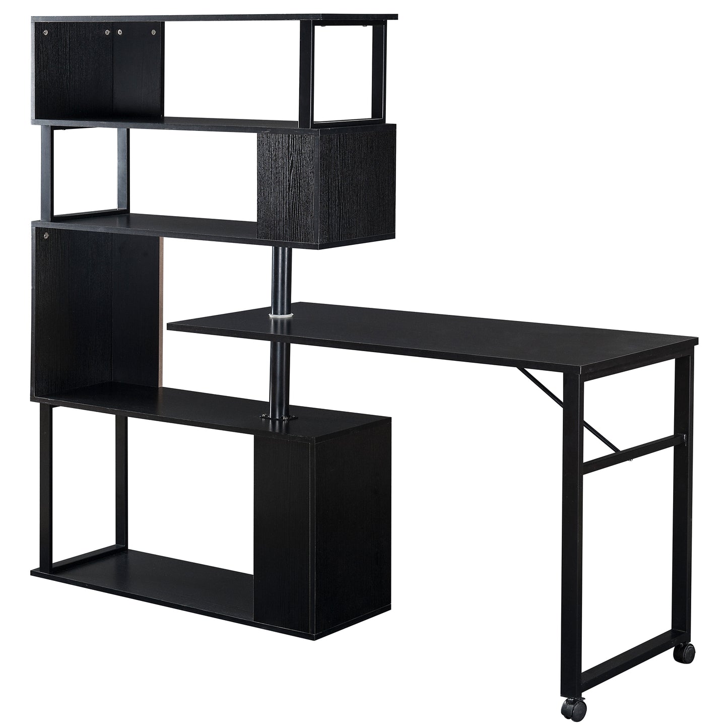 L-Shaped Corner Computer Desk with Rotating Table and 5-Tier Bookshelf, Lockable Casters, Four Installation Methods, Black