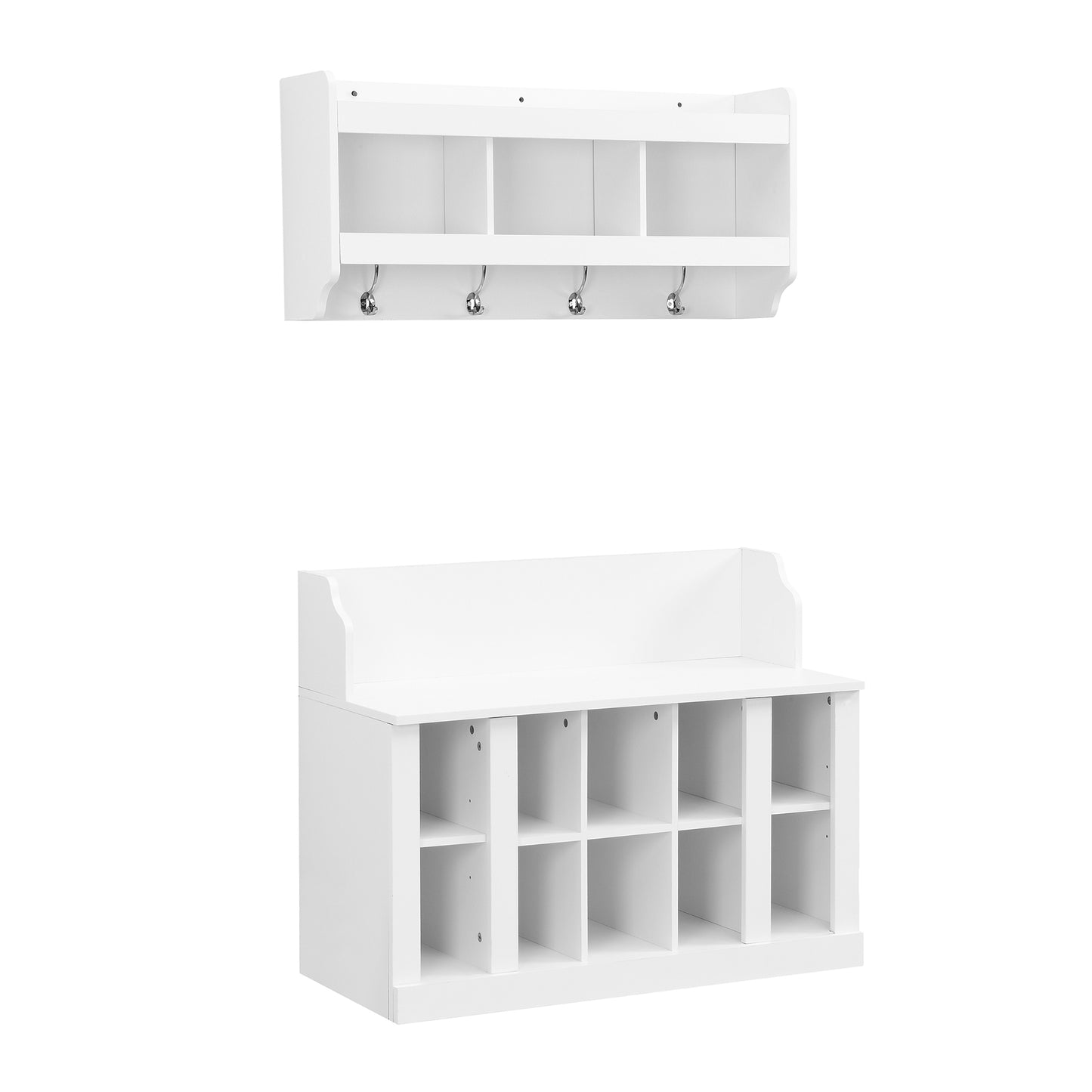 Shoe Storage Bench with Shelves and Hooks Elegant Hall Tree Entryway Organizer for Hallway Foyer Mudroom White