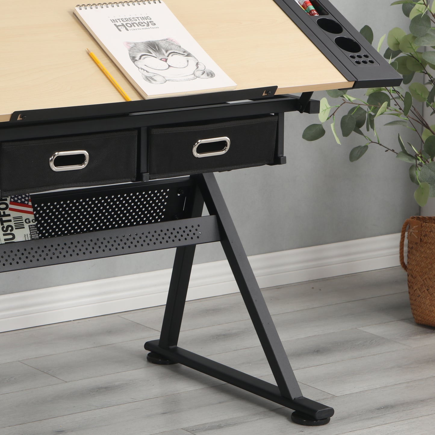 Adjustable Drawing Drafting Table Desk with 2 Drawers for Home Office and School with Stool Wood