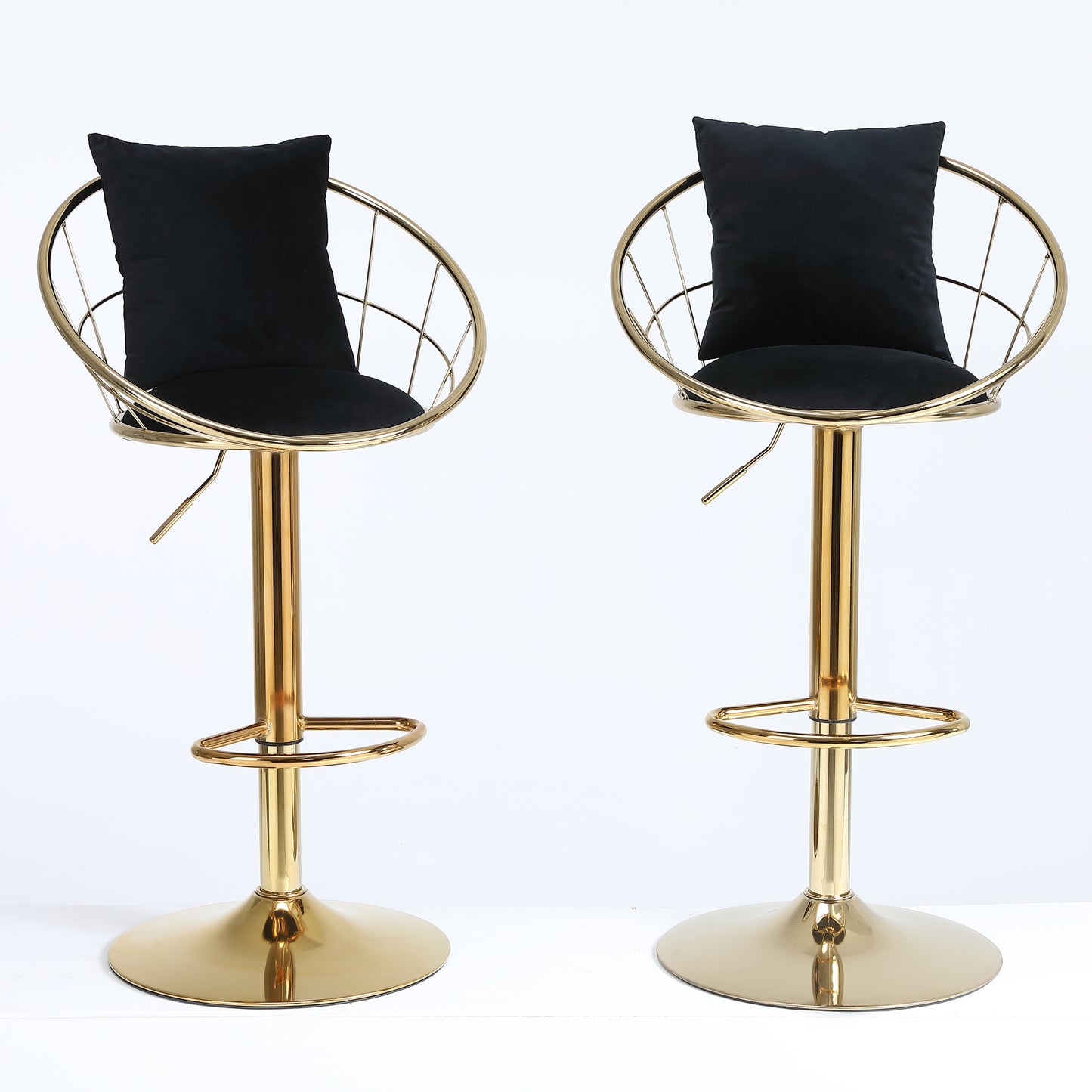 Black Velvet Bar Chair Set of 2 Gold Plated Unique Design 360 Degree Rotation Adjustable Height Ideal for Dining Room and Bar