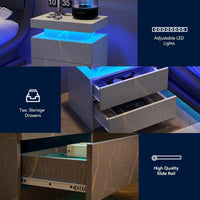 Modern LED Nightstand with 2 Drawers Gray Gold Bedside Table Cabinet for Bedroom Storage