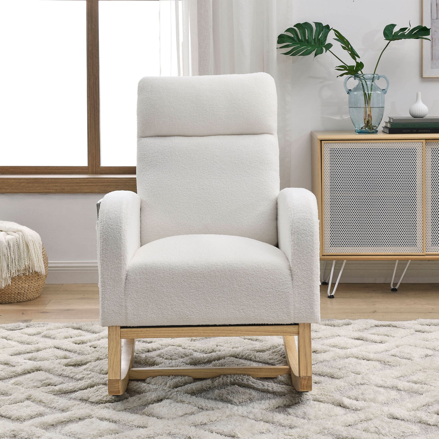 Modern Accent High Backrest Lounge Arm Rocking Chair with Two Side Pockets Teddy White Ivory