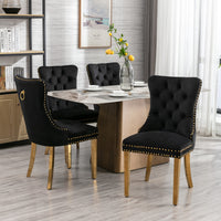 Modern High-end Tufted Solid Wood Velvet Upholstered Dining Chair Set of 2 with Golden Stainless Steel Legs and Nailhead Trim Black and Gold