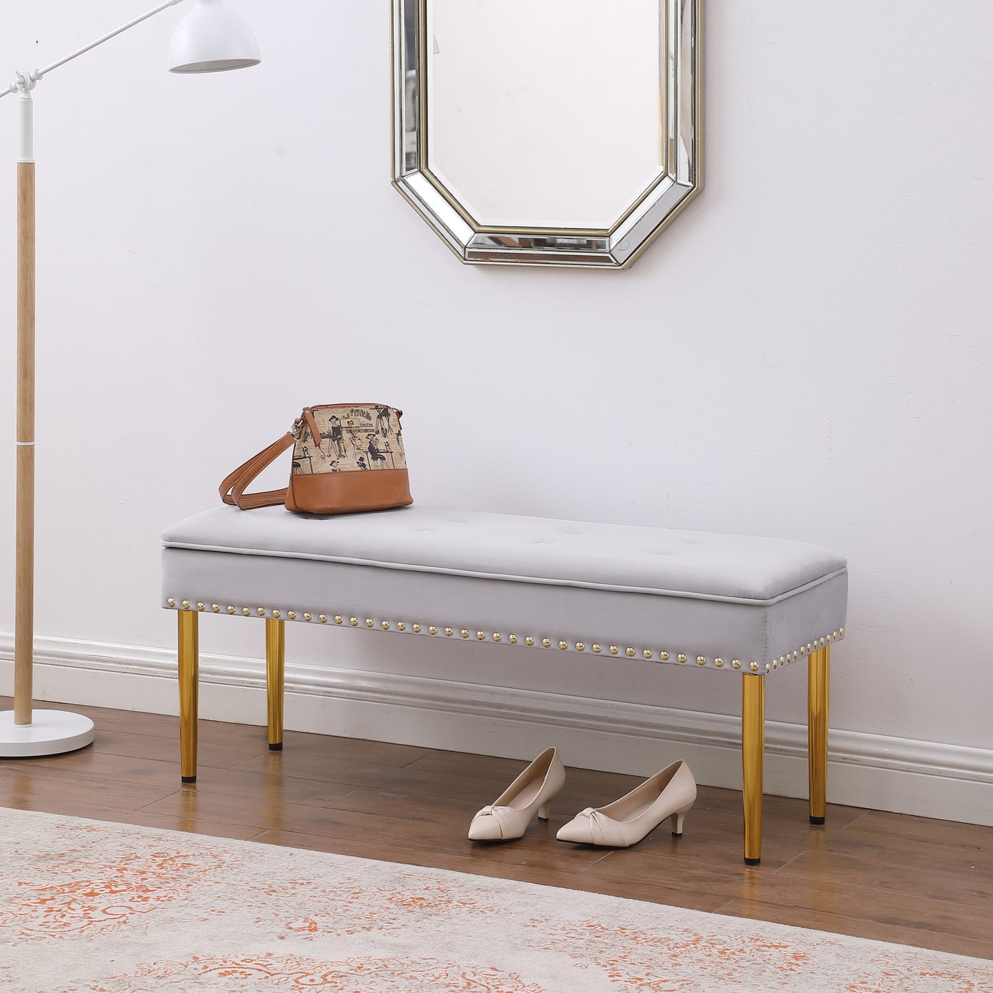 Large Storage Benches with Nailhead Trim Tufted Velvet 2 in 1 Combination for Living Room Entryway Hallway Bedroom Gold Legs 250lbs Capacity