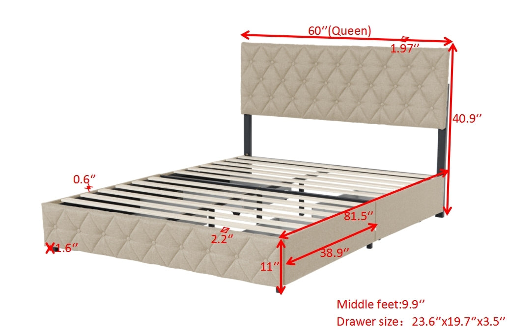 Queen Size Upholstered Platform Bed Frame with Storage Drawers Adjustable Linen Headboard Easy Assembly Light Beige