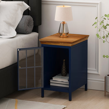 Nightstand with Storage Cabinet Solid Wood Tabletop Bedside Table Dark Blue Sofa Side Coffee Table for Bedroom Living Room