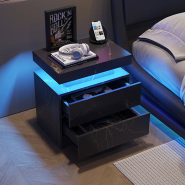 Nightstand LED Bedside Table Cabinet Lights Modern End Side with 2 Drawers for Bedroom (Black Gold)