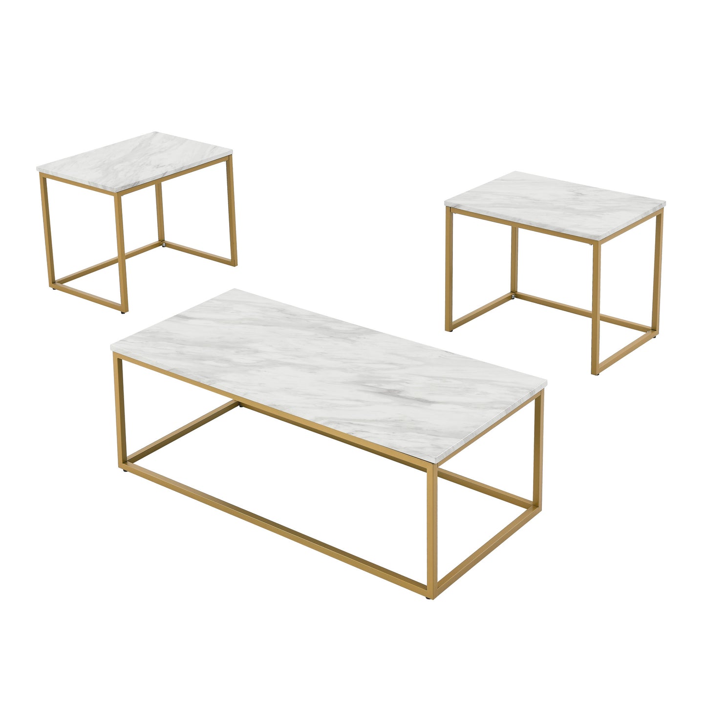 White Faux Marble Coffee Table Set Modern Design with 2 Side Tables for Living Room and Office White Gold Finish