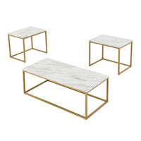 White Faux Marble Coffee Table Set Modern Design with 2 Side Tables for Living Room and Office White Gold Finish