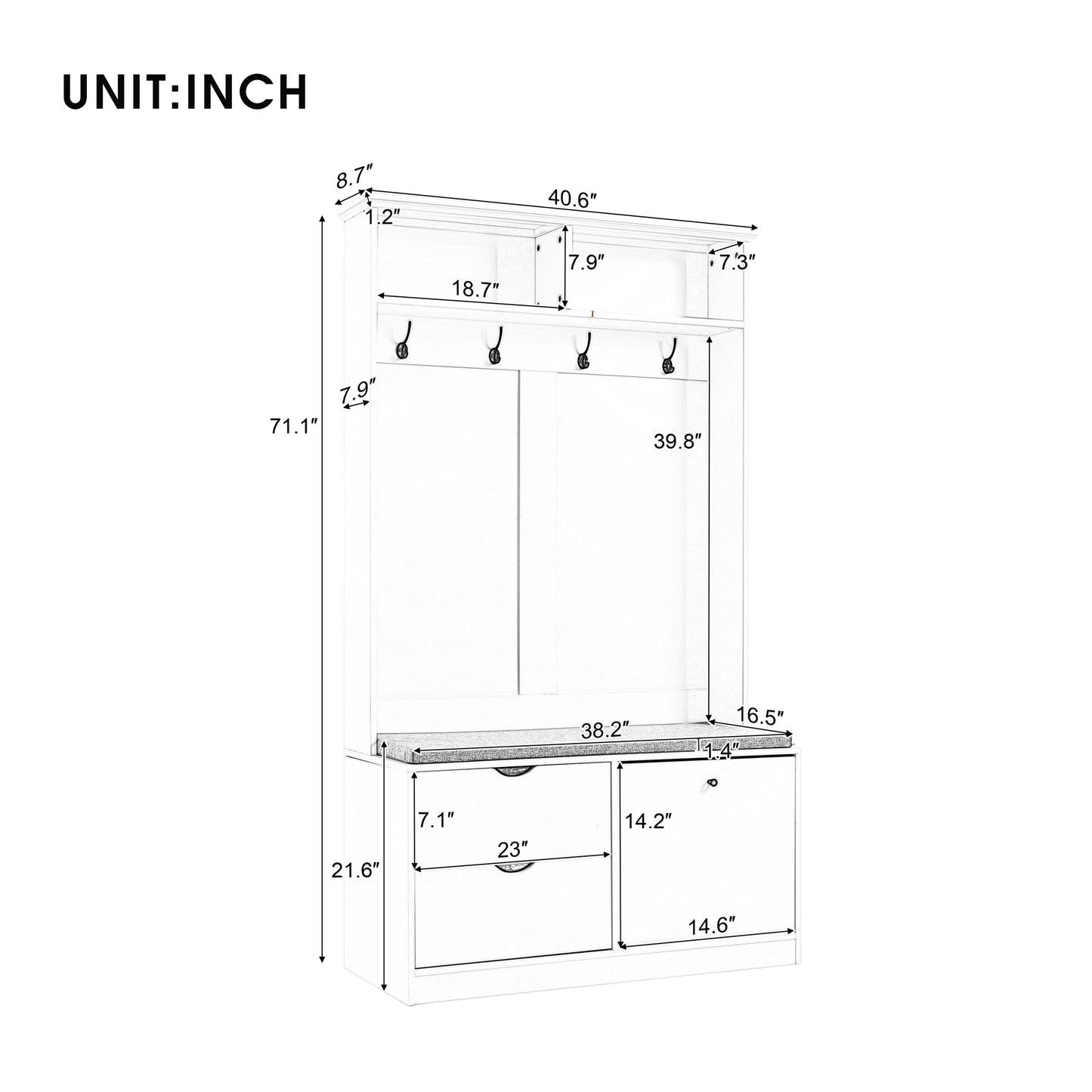 5-in-1 Entryway Bench with Coat Rack Cushion and 4 Hooks Shoe Storage for Hallway Living Room 40.6 Inch Wide Hall Tree