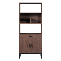 Tall Walnut Finish Open Bookshelf with LED Lights and Storage Drawer for Living Room and Office