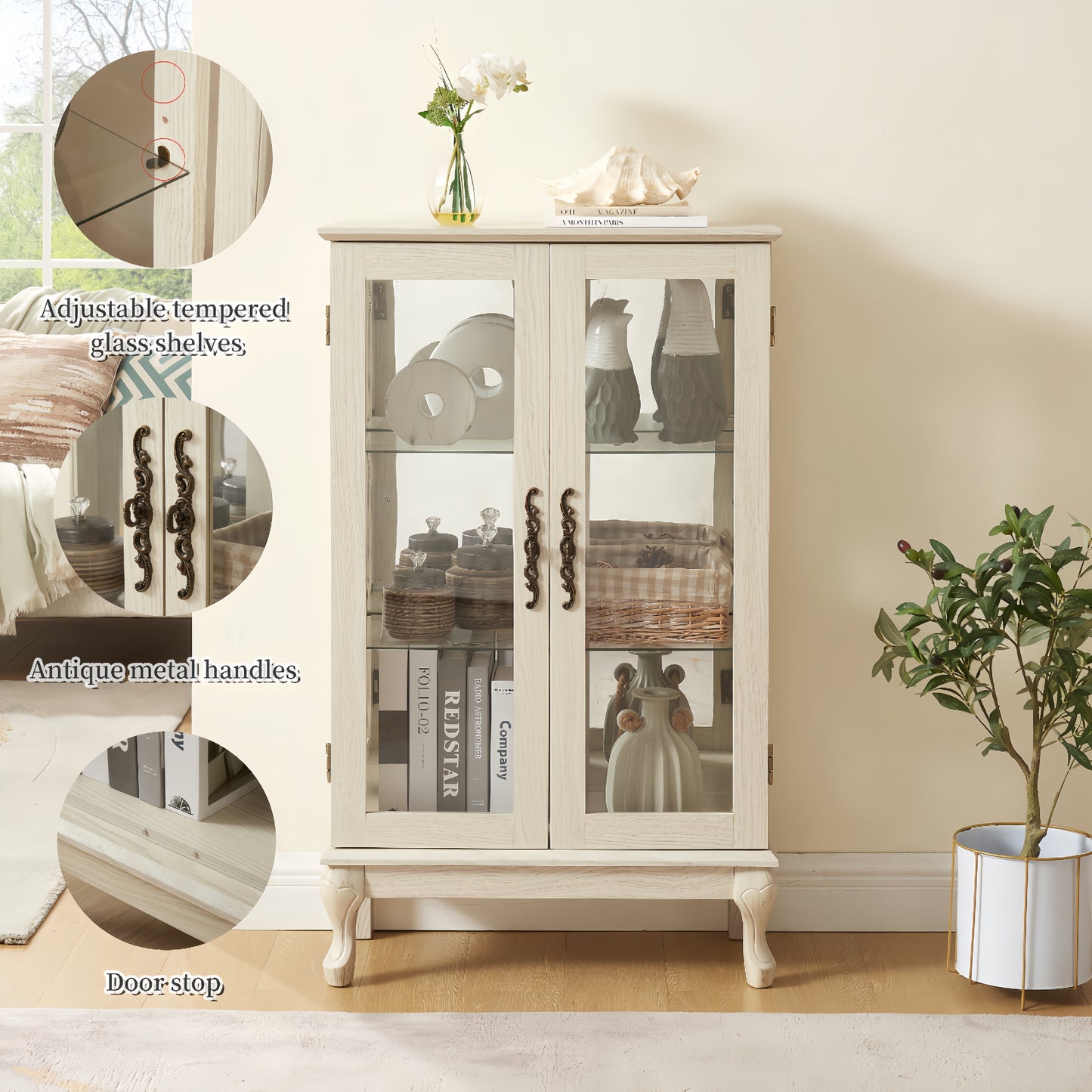 Elegant 2 Door Curio Cabinet with Glass Doors Adjustable Shelves Mirrored Back Lighted Display for Home Office