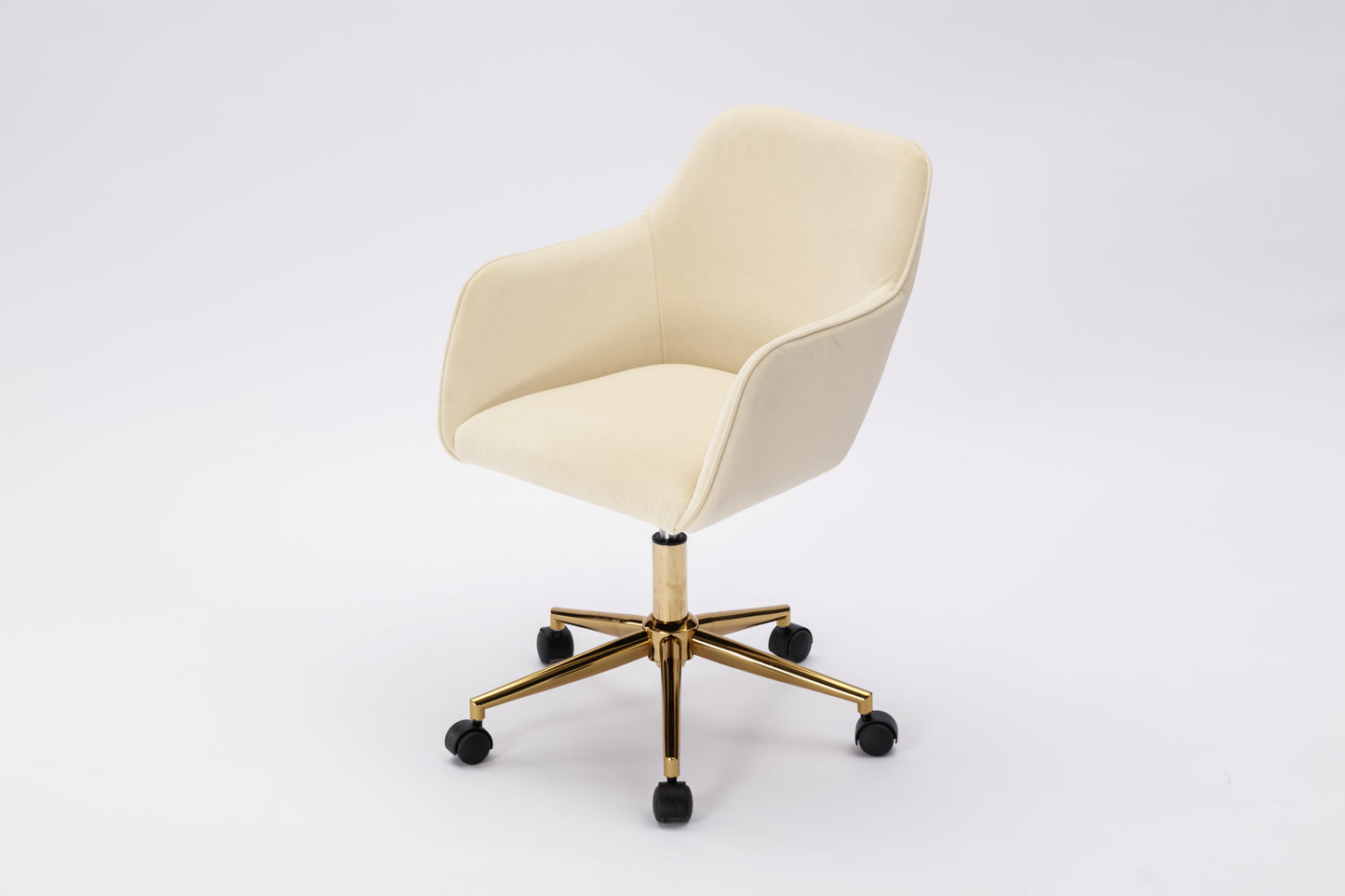 Adjustable Height 360 Revolving Velvet Office Chair with Gold Metal Legs and Universal Wheels Beige