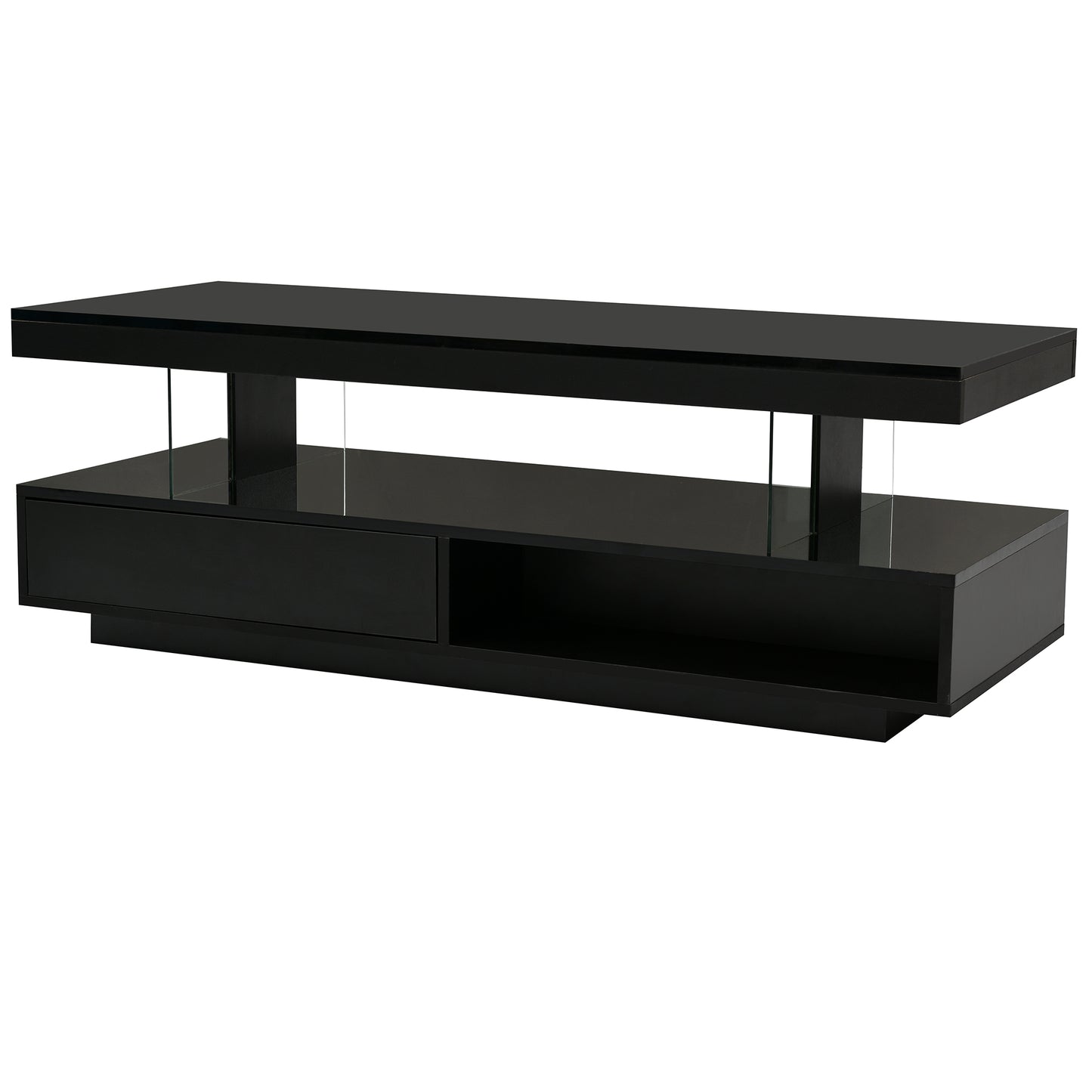 Modern LED Coffee Table with Storage and Display Shelves, Black Center Table with 2 Drawers for Living Room