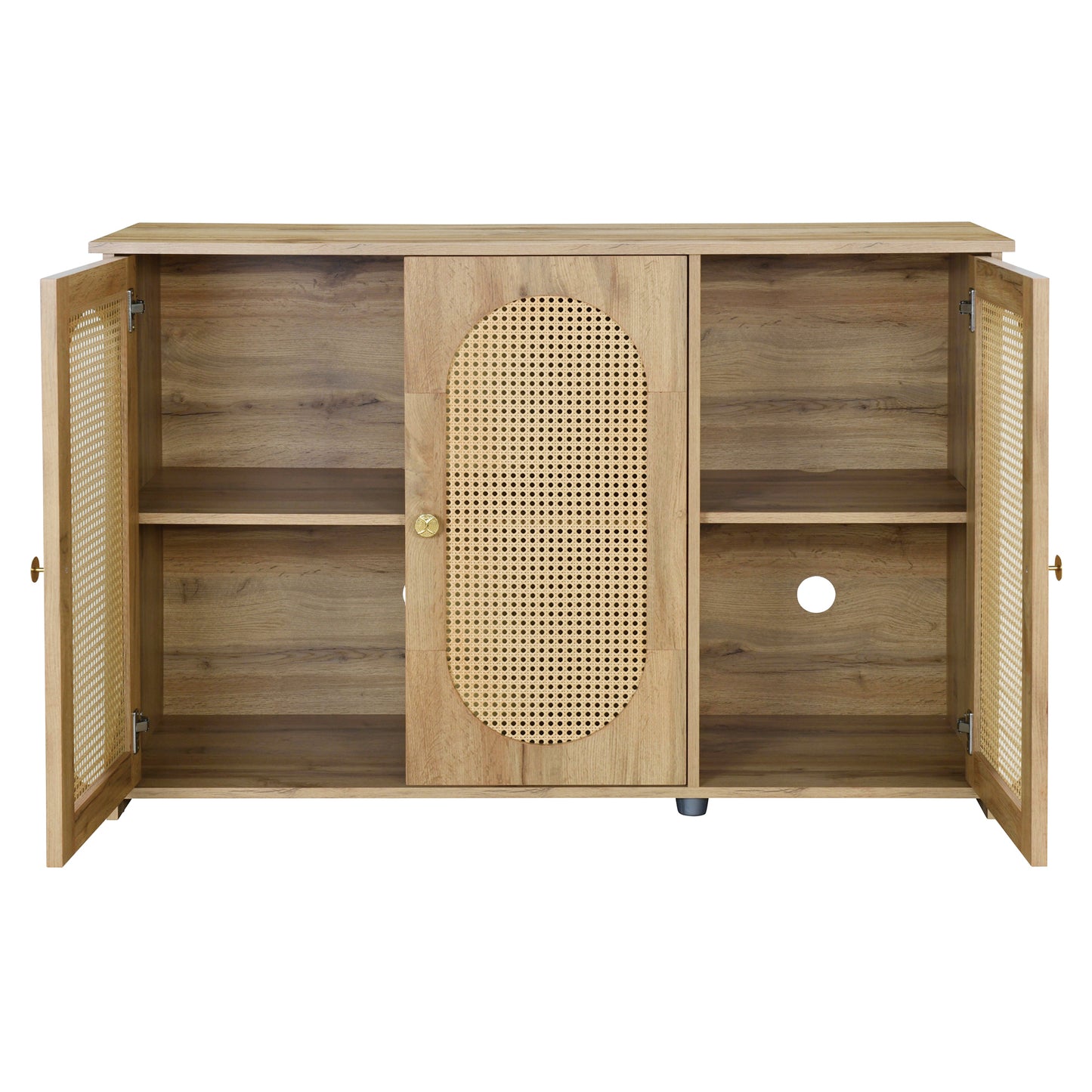 Retro 3-Door Accent Cabinet with Rattan Doors and Metal Handles Stylish Storage Solution for Living Room and Hallway Natural Wood Finish