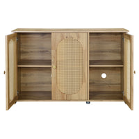 Retro 3-Door Accent Cabinet with Rattan Doors and Metal Handles Stylish Storage Solution for Living Room and Hallway Natural Wood Finish