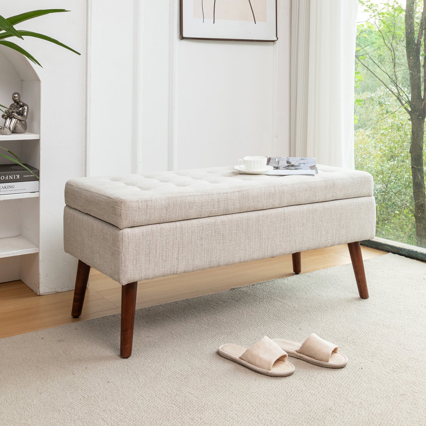 Off White Storage Bench for Bedroom or Entryway 43.7 Inch Ottoman Foot of Bed Seating Solution