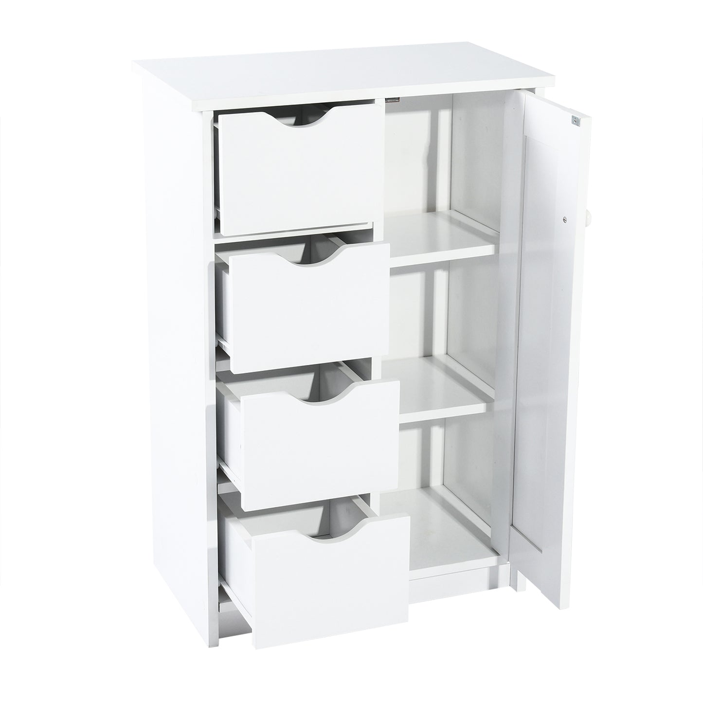 Pure White Wood Floor Storage Organizer Cabinet with 4 Drawers and 1 Door Cabinet 3 Shelves for Home and Office Use