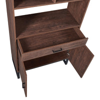 Tall Walnut Finish Open Bookshelf with LED Lights and Storage Drawer for Living Room and Office