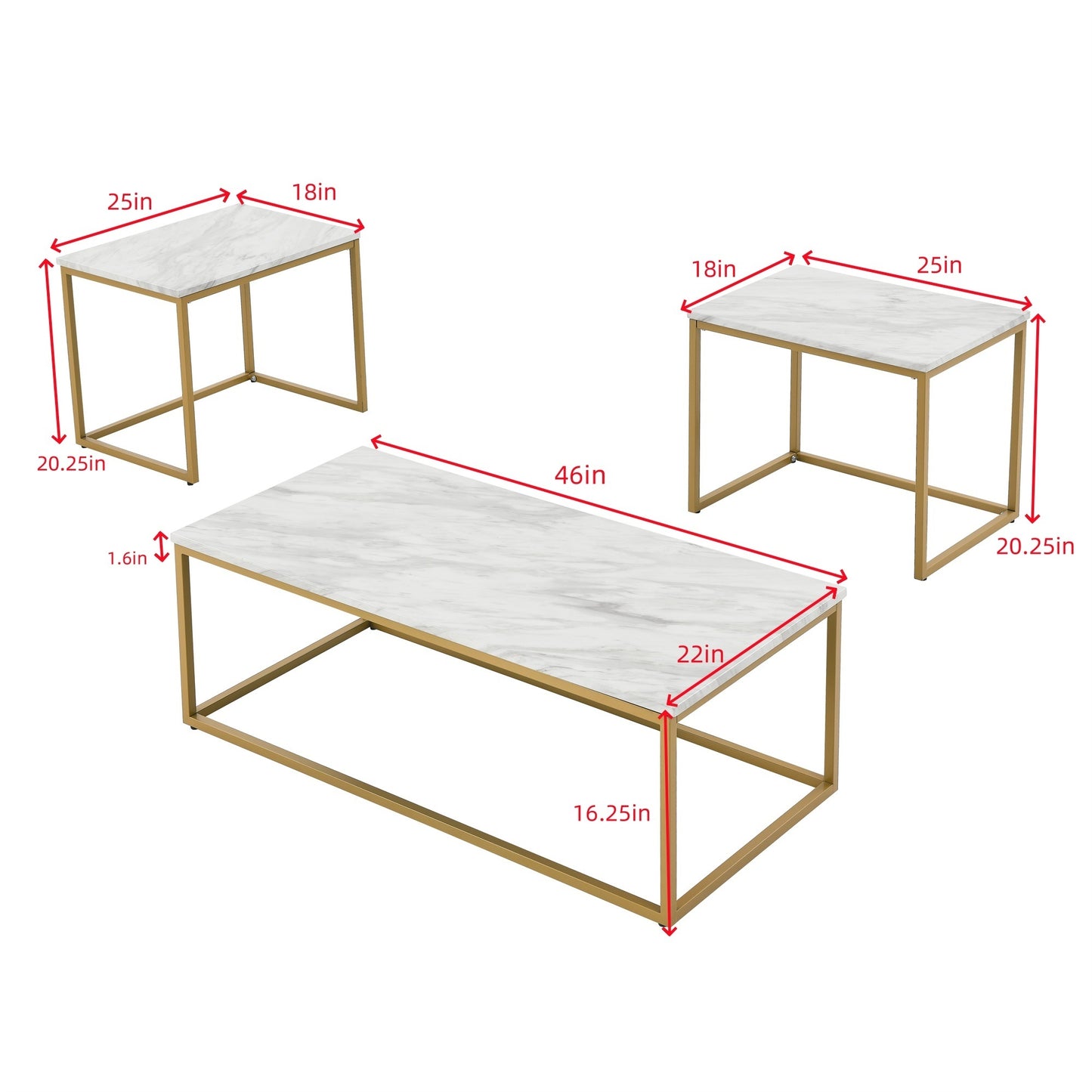 White Faux Marble Coffee Table Set Modern Design with 2 Side Tables for Living Room and Office White Gold Finish