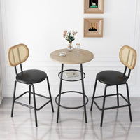 Rattan Bar Stool Set of 2 Indoor Leather Counter Height Chairs with Metal Legs and Rattan Backrest for Kitchen Island Dining