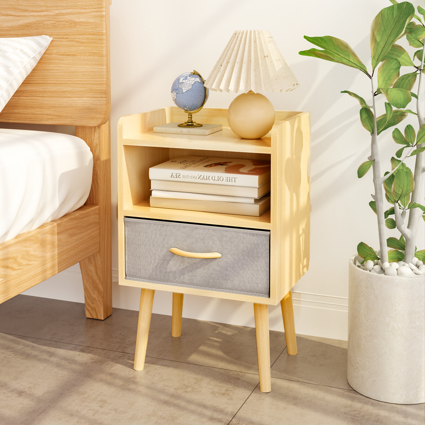 Collapsible Fabric Drawer Nightstand 2-Tier Storage End Table Wood Side Table with Storage Cabinet for Kids and Adults Oak