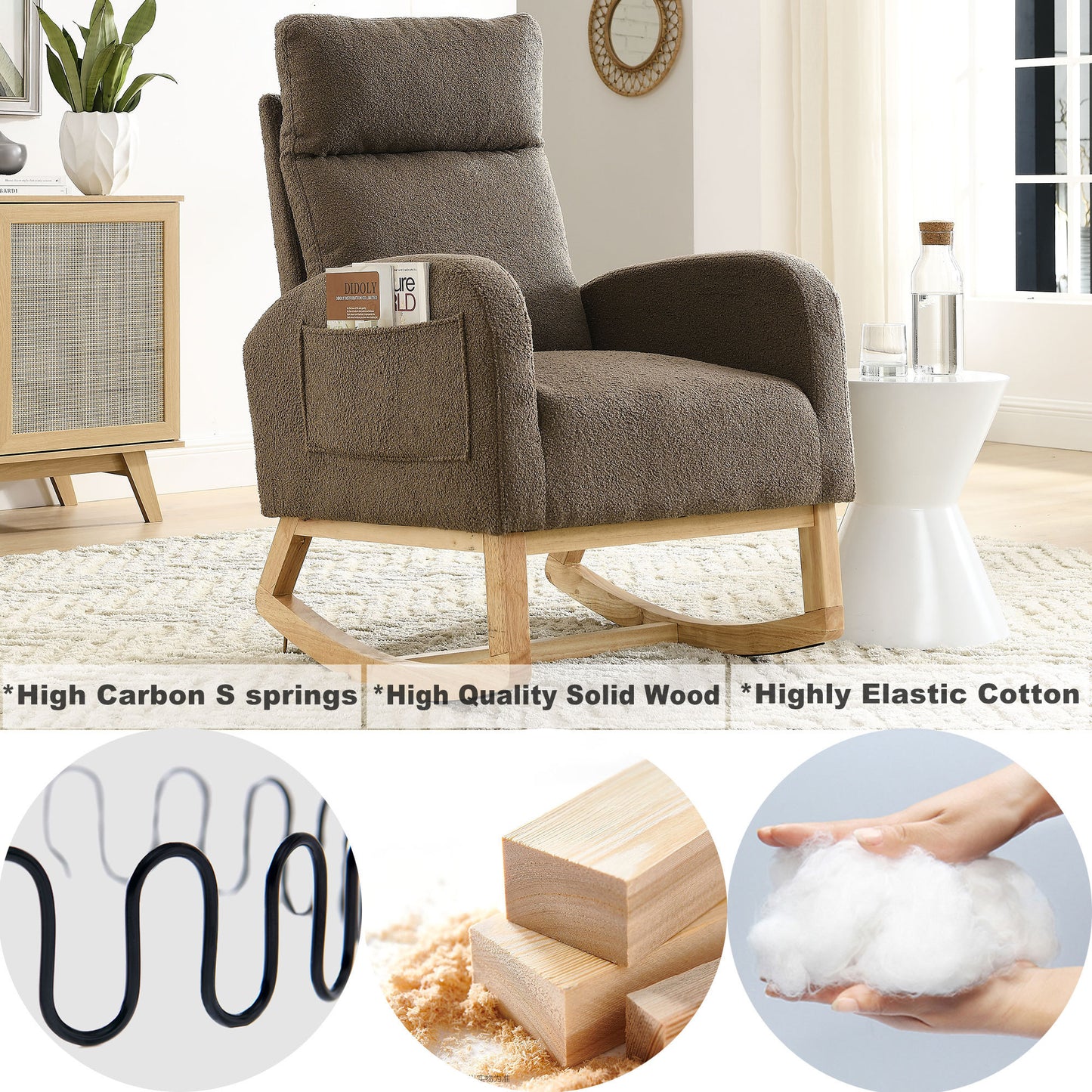 Modern Accent High Backrest Living Room Lounge Arm Rocking Chair with Two Side Pockets 27.6 Inch