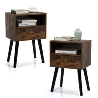 Mid Century Nightstand Set of 2 Rustic Brown Side Tables with Drawer and Shelf for Living Room Bedroom