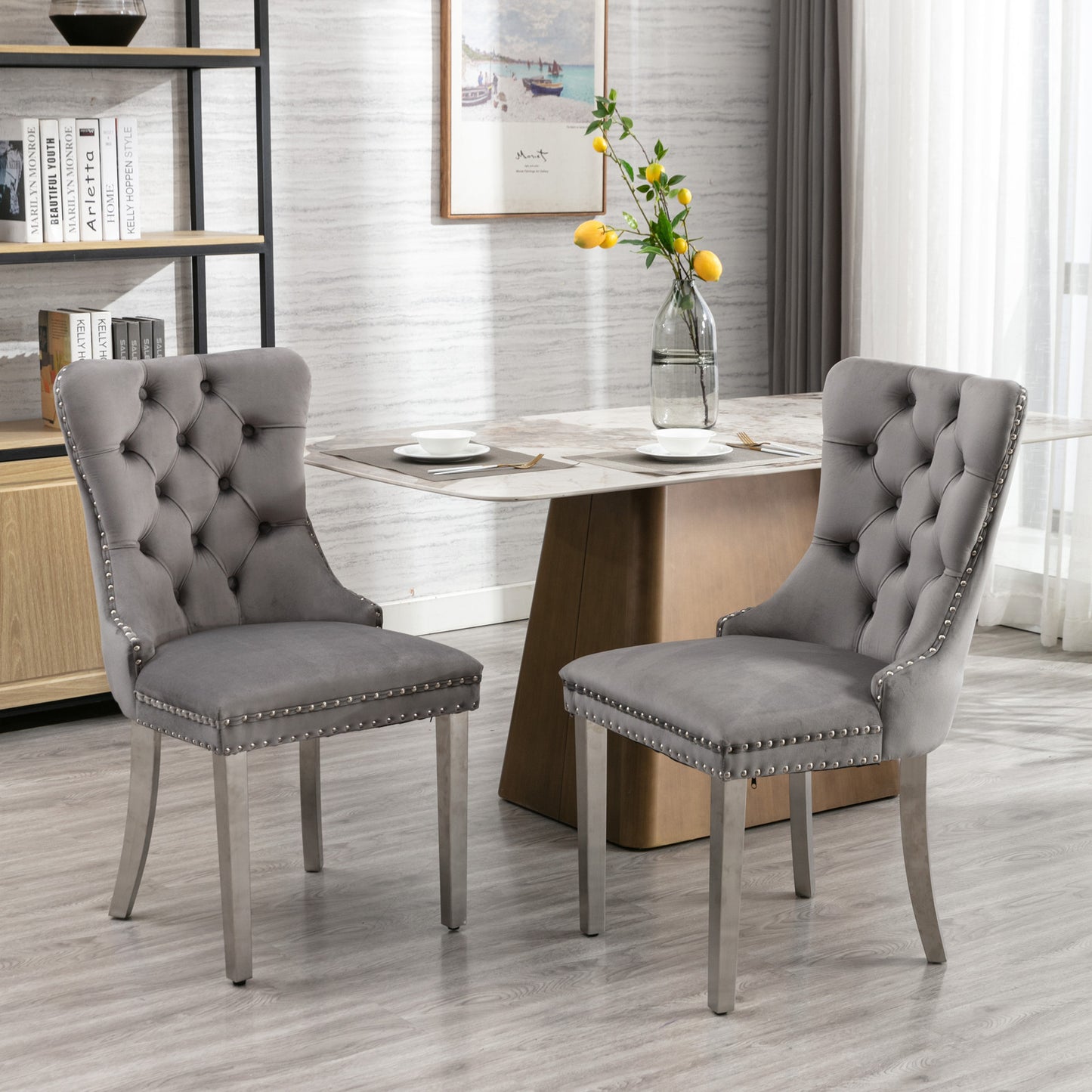 Modern High-end Tufted Solid Wood Velvet Upholstered Dining Chair with Chrome Legs and Nailhead Trim Set of 2 Gray