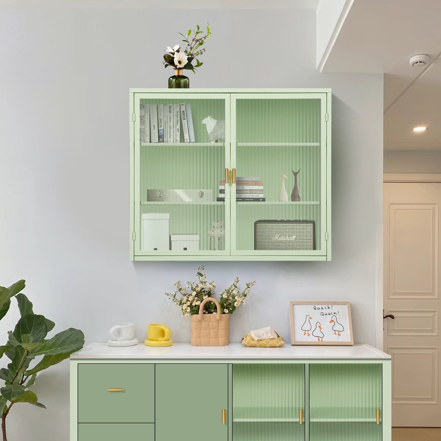 Modern Two-Door Glass Wall Cabinet with Three-Tier Storage for Entryway Living Room Bathroom Dining Room Mint Green