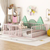 Full Size Metal Floor Bed Frame with Fence and Door, Pink