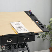 Adjustable Drawing Drafting Table Desk with 2 Drawers for Home Office and School with Stool Wood