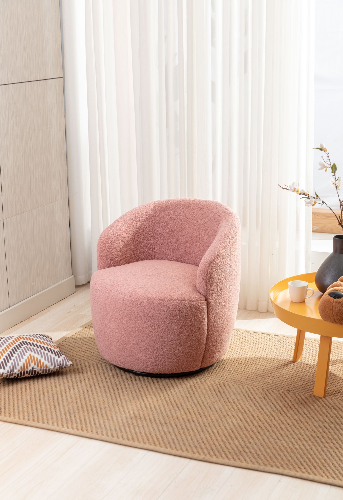 Light Pink Swivel Accent Armchair Barrel Chair with Black Powder Coated Metal Ring for Living Room or Office