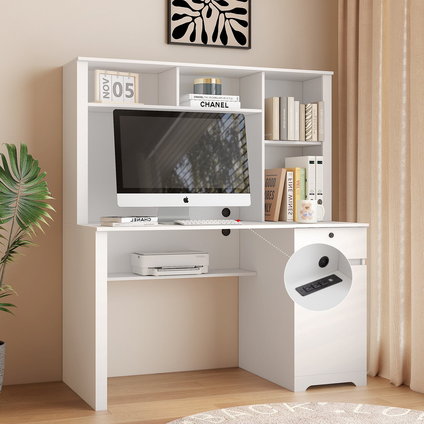 White Wood Executive Desk with Hutch Bookshelf 3 AC Outlets 2 USB Ports for Home Office Study