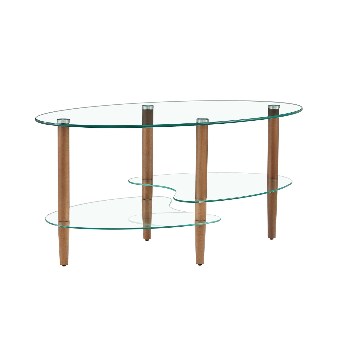 Transparent Oval Glass Coffee Table Modern Design Oak Wood Legs 3-Layer Living Room Tea Table